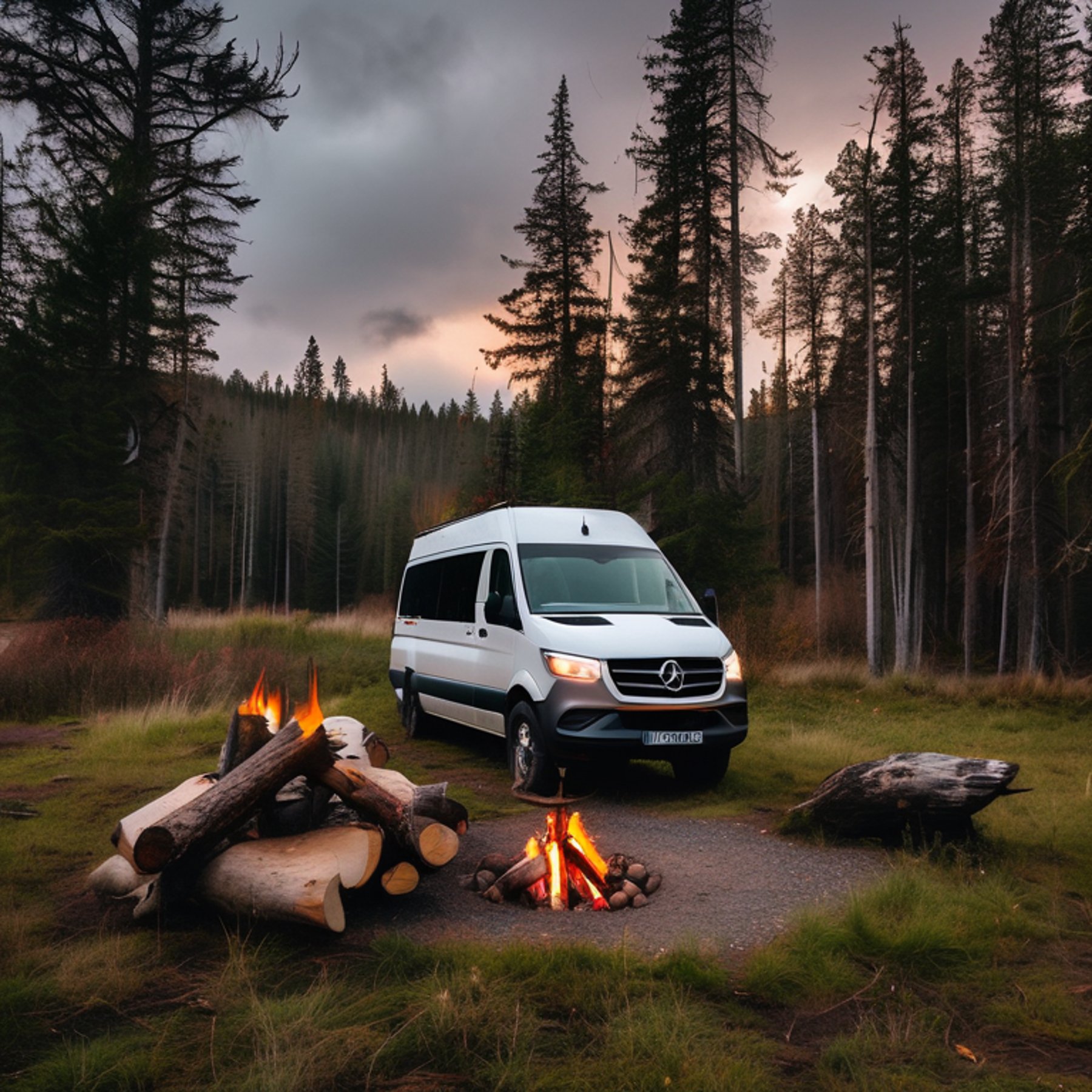 A white camper van rests on a dirt clearing in an overgrown forest at dusk. A warm campfire glows among the stones, while a deer watches from the trees. Dark storm clouds add a wild, peaceful feeling.