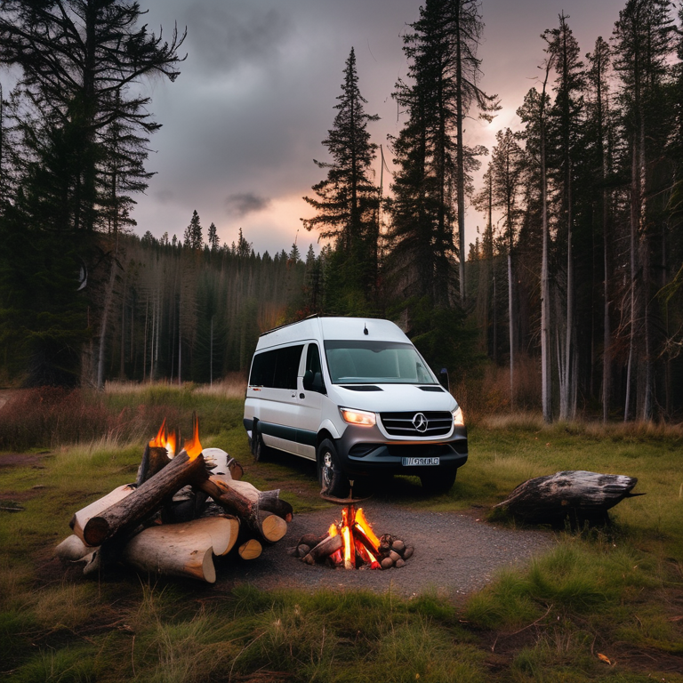 A white camper van rests on a dirt clearing in an overgrown forest at dusk. A warm campfire glows among the stones, while a deer watches from the trees. Dark storm clouds add a wild, peaceful feeling.