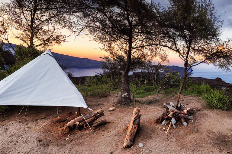 A cozy tent rests on a dirt campsite in Santorini, with chairs nearby and a mountain rising in the distance. Stormy skies create a wild, peaceful mood around the campfire and stacked logs.