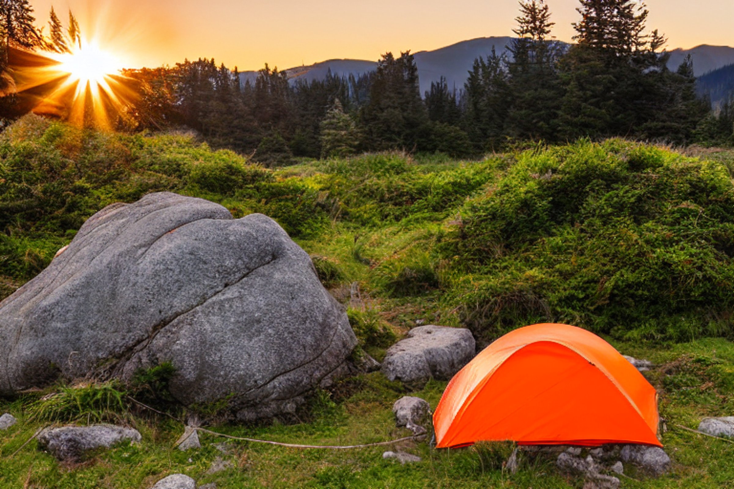 Three bright orange tents sit on a paved campsite surrounded by tall grass and large boulders. Golden sunlight shines over the clear sky and nearby waves, creating a warm, peaceful mood. A distant camper’s flashlight adds a cozy touch.