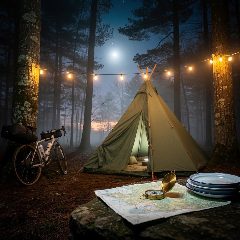 A soft mist drifts through the tall trees under cool moonlight in the quiet mountains. A sage-green teepee tent glows with warm string lights, with a bike leaning nearby. On a small table, a map and compass sit beside stacked camping plates, ready for tomorrow’s trail.