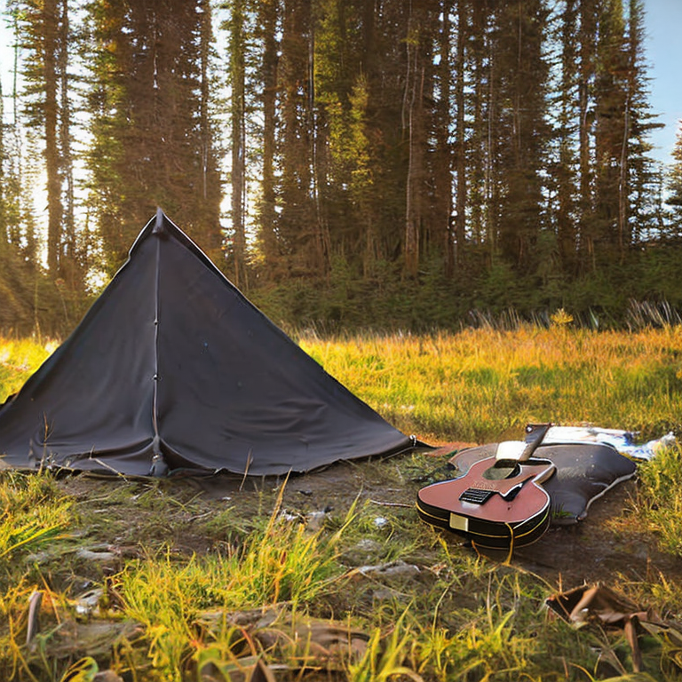 A black tent rests on a rough dirt patch in the Alaskan wilderness, surrounded by tall grass and fallen leaves. A wooden guitar lies nearby, adding a cozy touch to the quiet evening campsite.