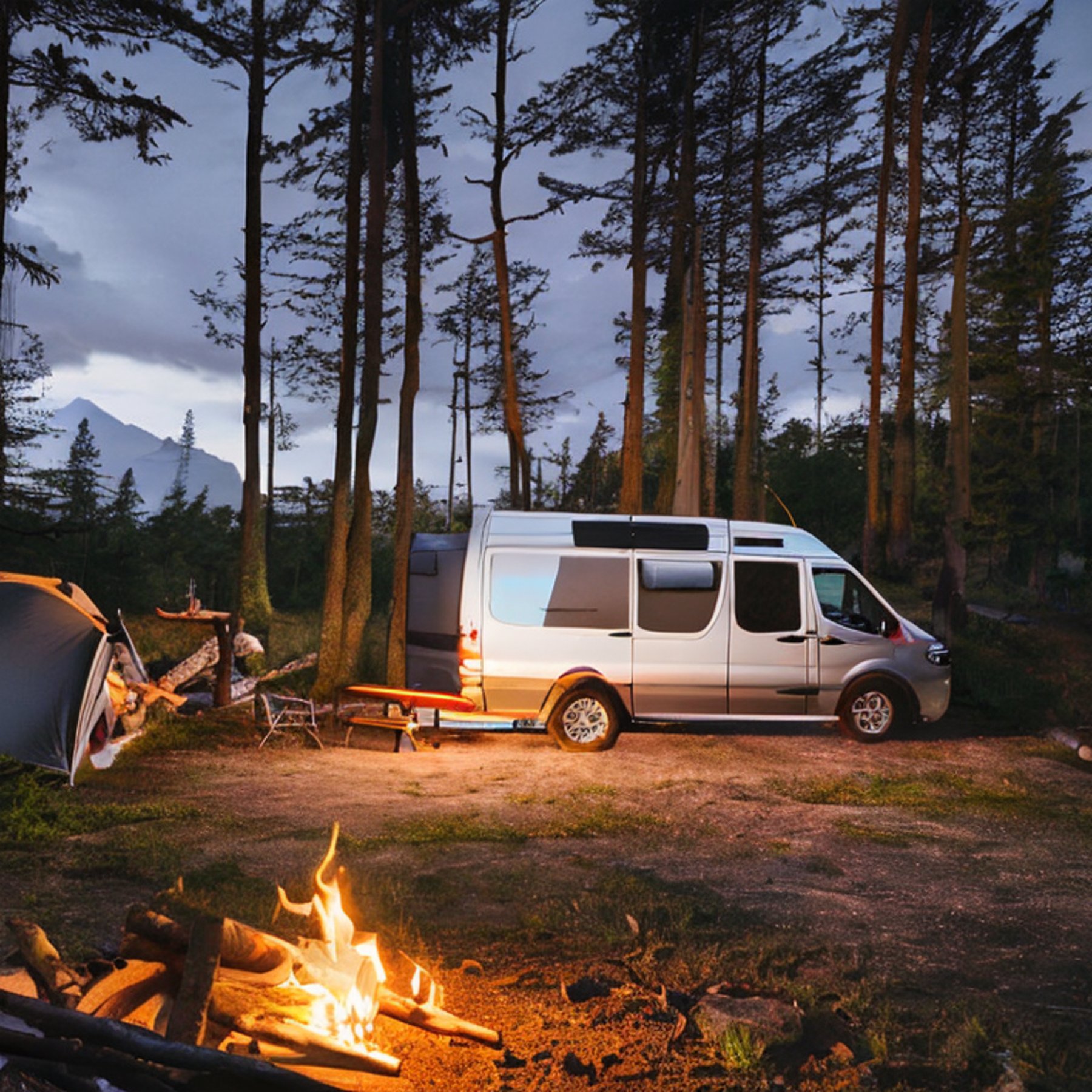 A cozy campsite rests in Hawaii as rain falls beneath a glowing sunset. A camper van, a softly lit tent, and a campfire sit around a muddy patch, while a guitar lies nearby and a deer watches from the distance.