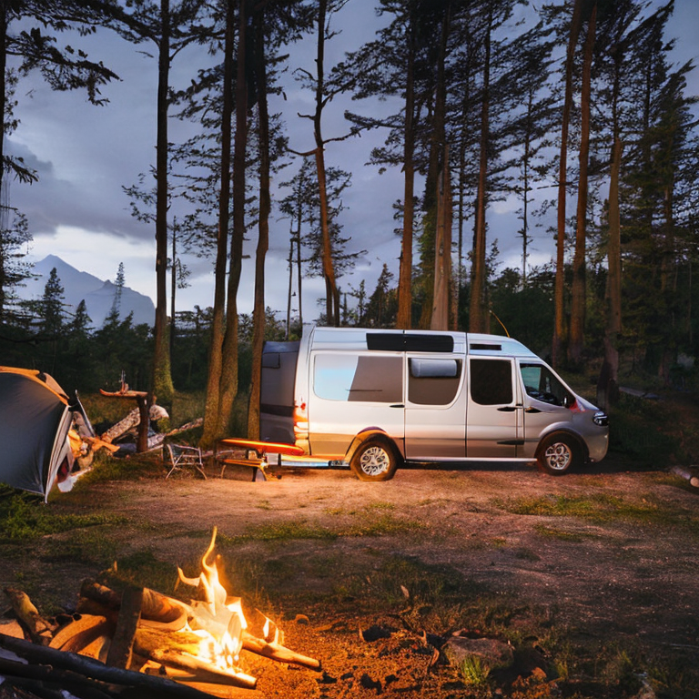 A cozy campsite rests in Hawaii as rain falls beneath a glowing sunset. A camper van, a softly lit tent, and a campfire sit around a muddy patch, while a guitar lies nearby and a deer watches from the distance.