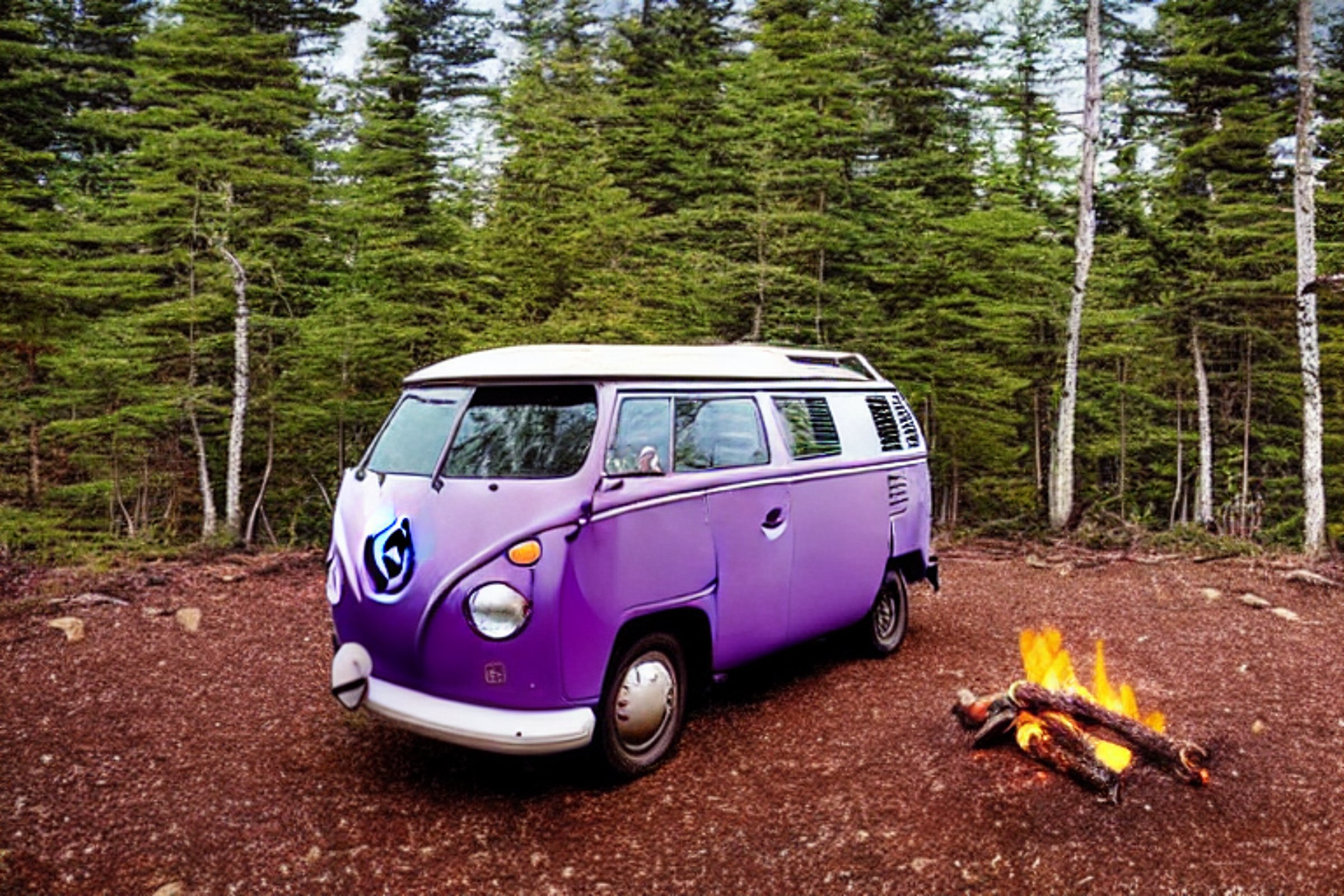 Two purple campervans rest on a leafy dirt clearing under a clear night sky. A warm campfire glows among the stones, while a deer and a person with a flashlight appear in the distance.