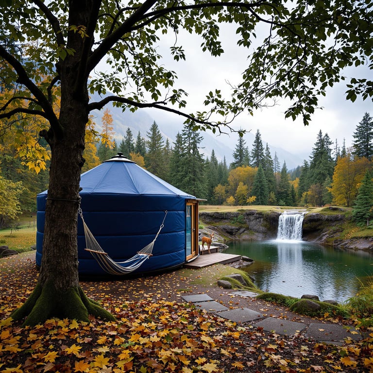 This cozy campsite sits by a sparkling pond with a lovely waterfall in the background. Bright autumn leaves cover the ground, and a hammock waits for you to relax. Tall pine trees surround the spot, making it feel peaceful and safe.