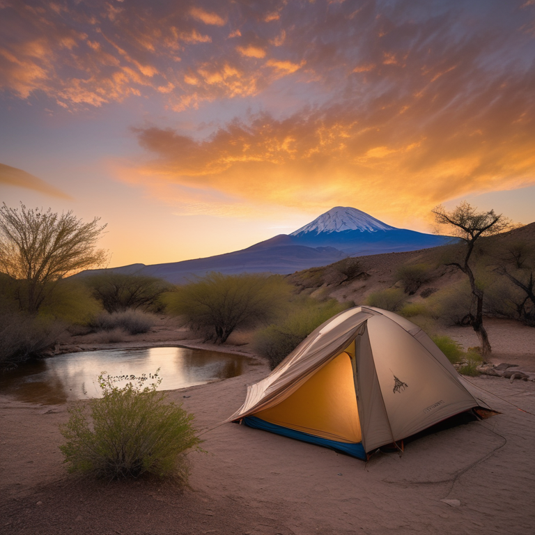 A cozy tent rests on a sunny dirt campsite beside a warm spring and a gentle stream. Tall bushes, a hammock, and distant mountains create a peaceful place to relax under the clear sunset sky.