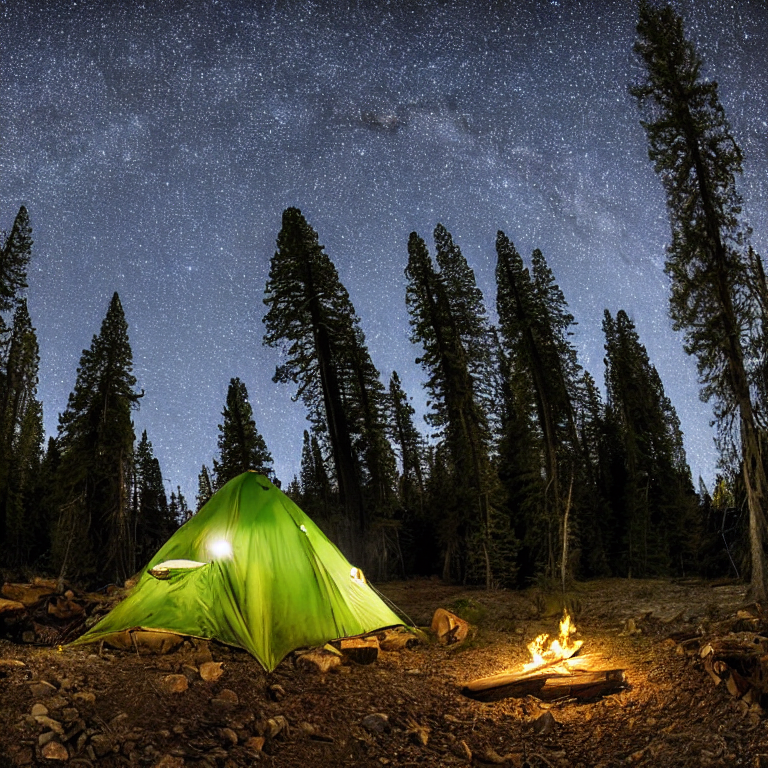 A green camo tent rests on a quiet dirt campsite beneath a sky full of stars. A warm campfire glows beside the logs, while small trees and a mountain rise in the background.
