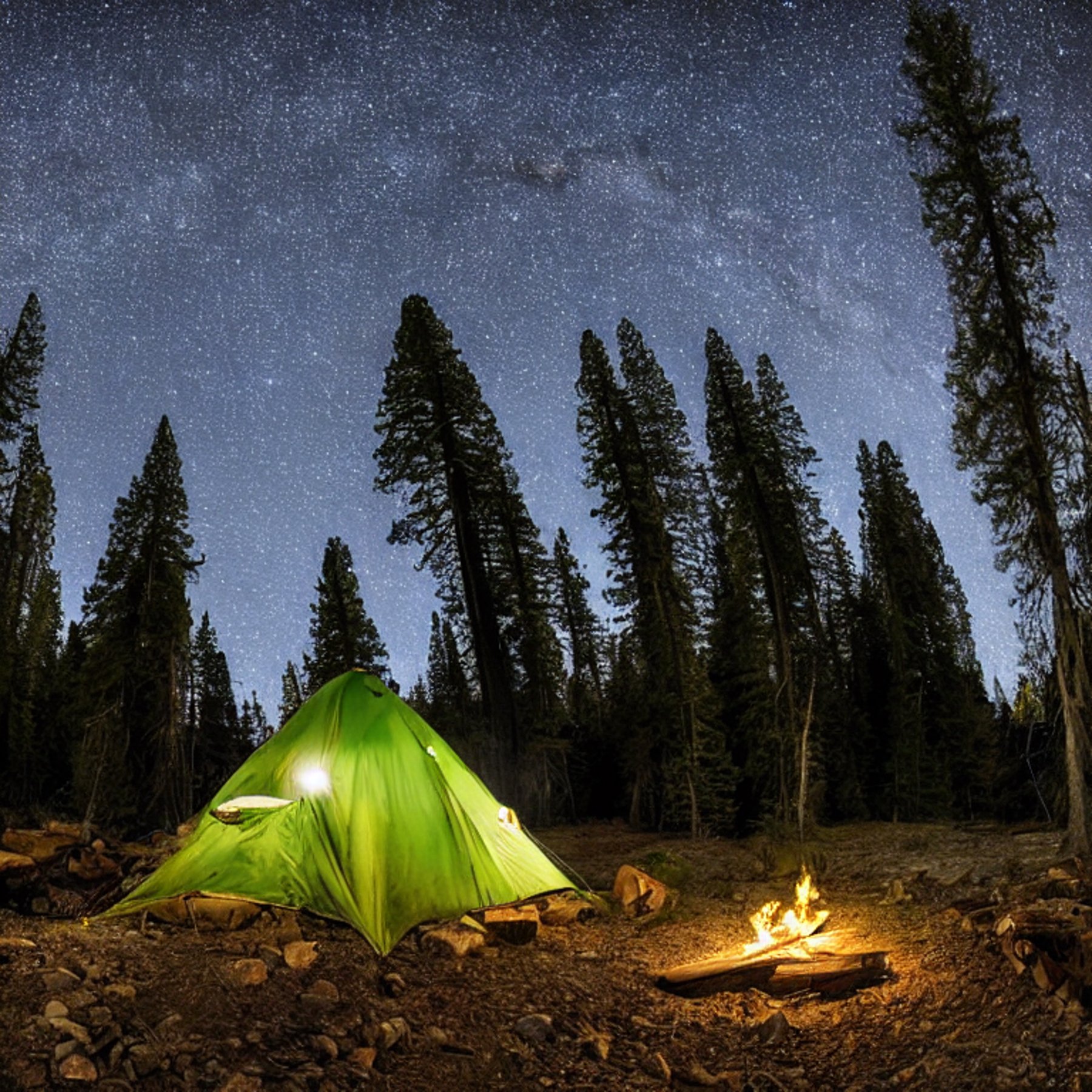 A green camo tent rests on a quiet dirt campsite beneath a sky full of stars. A warm campfire glows beside the logs, while small trees and a mountain rise in the background.