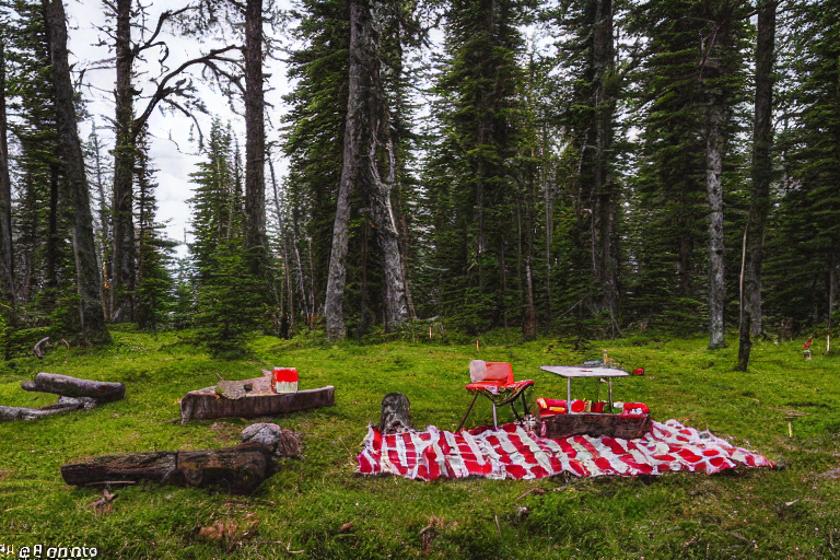 A red and white tent rests beside a glowing campfire in a quiet forest. Moss-covered trees surround the campsite, while a deer watches from the distance. A wooden guitar lies on the dirt nearby as dusk settles over Glacier National Park.