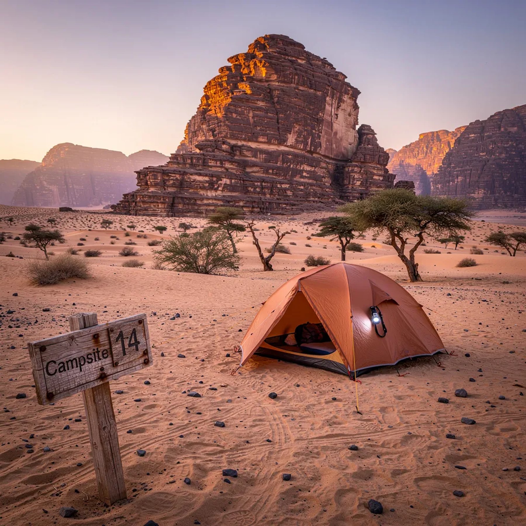 At dawn in the Wadi Rum desert, soft pink light washes over sandy ground and red cliffs far away. A copper tent sits near a few tough shrubs and acacia trees, with a small headlamp hanging by the door. A huge sandstone rock tower rises nearby, and a weathered sign in front marks campsite 14. The air feels quiet and cool, like the desert is just waking up.
