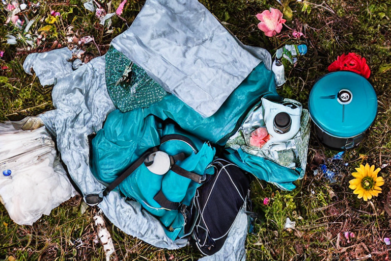 A teal campervan rests in a snowy campsite beneath a sky full of stars. A warm campfire glows beside a lantern, backpack, and camping gear, while small flowers peek through the snow.