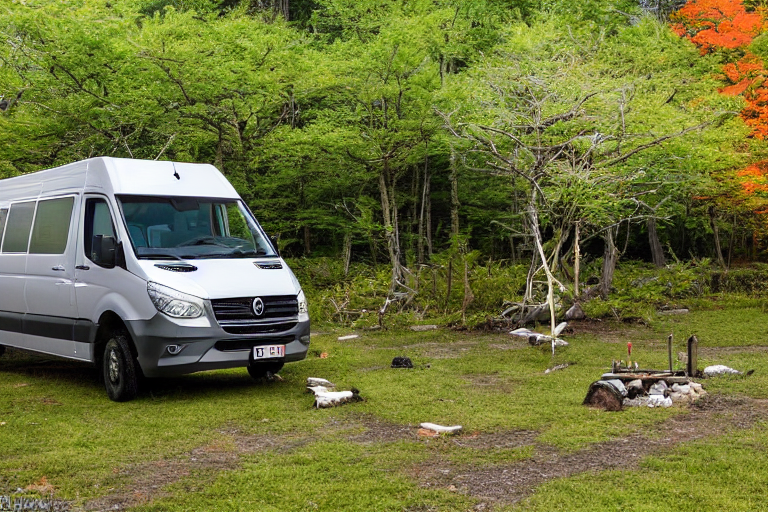 A gray and orange camper van rests beside a warm campfire on a grassy patch. Tall bushes and fallen leaves surround the quiet site, while green auroras glow through the stormy night sky.