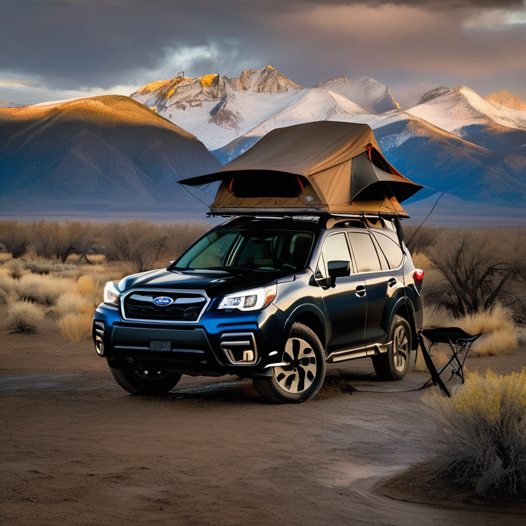 A black Subaru with an open rooftop tent rests beside a clear stream in a snowy Colorado campsite. Rocky ground, tall mountains, and soft sunrise light create a peaceful adventure scene.