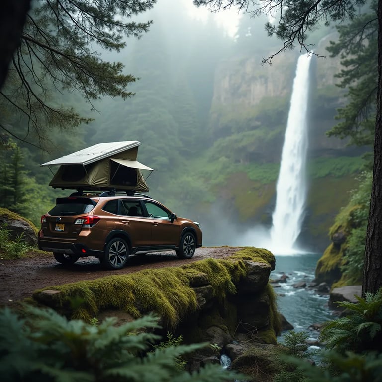A brown Subaru rests beside a small waterfall in a misty green forest. Ferns and smooth boulders surround the campsite, while a rooftop tent waits above the car. A solar panel quietly charges a battery pack nearby.