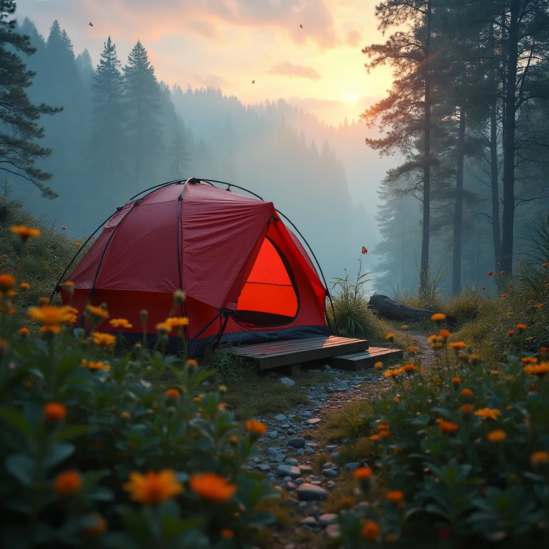 A bright red tent rests in a misty rainforest, surrounded by tall grass and tiny wildflowers. Snow drifts softly through the trees as butterflies flutter nearby. The peaceful campsite feels magical beneath the evening sky.