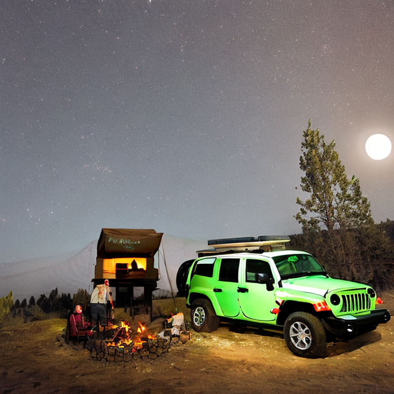 A green Jeep with a rooftop tent rests beside a warm, glowing hot spring. Nearby, hikers gather around a crackling campfire under a clear, moonlit sky. A large log and dirt clearing add to the cozy wilderness camp.