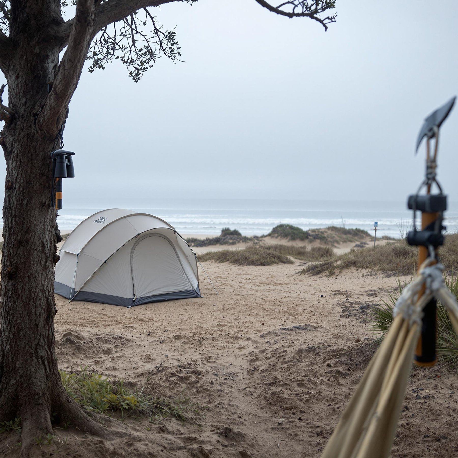 A coral tent rests beside a misty beach, with waves rolling nearby. A dirt path leads past a tree stump with an axe, while binoculars hang from a branch. The view from a hammock makes the quiet campsite feel calm and cozy.