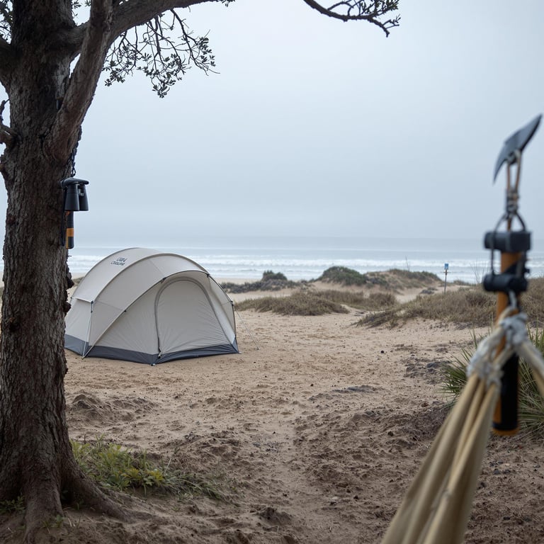 A coral tent rests beside a misty beach, with waves rolling nearby. A dirt path leads past a tree stump with an axe, while binoculars hang from a branch. The view from a hammock makes the quiet campsite feel calm and cozy.