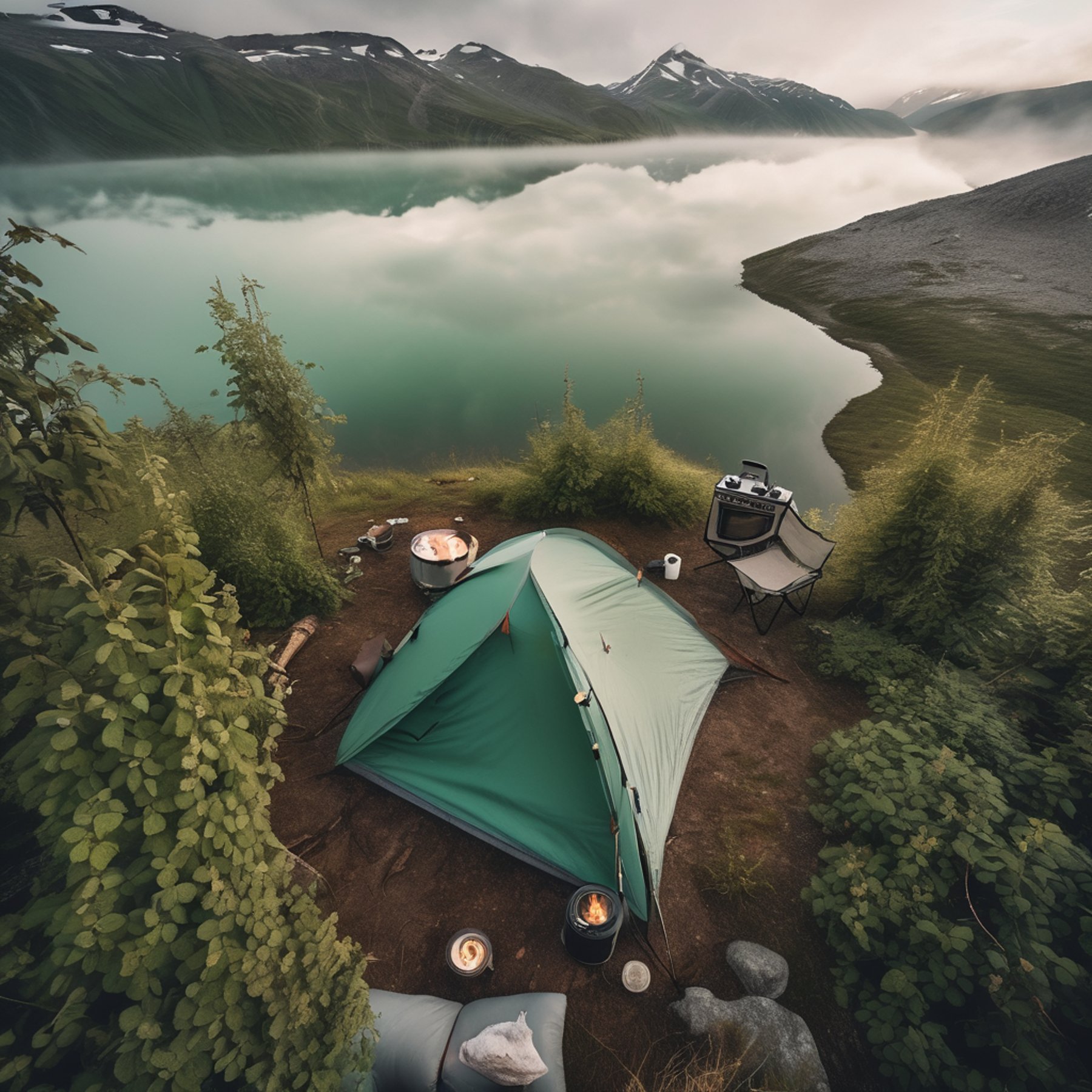 A mint green tent rests beside a quiet glacial lake in the morning fog. Bushes surround the campsite, with clothes hanging on a line and a chair nearby. A small campfire crackles as marshmallows roast.