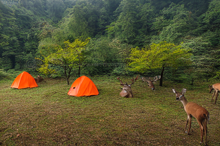 An orange tent rests beside a paved campsite in Zhangjiajie, China. Mossy trees, small plants, and a picnic table surround a sunny dirt patch. In the distance, a deer stands quietly beneath the clear sunset sky.
