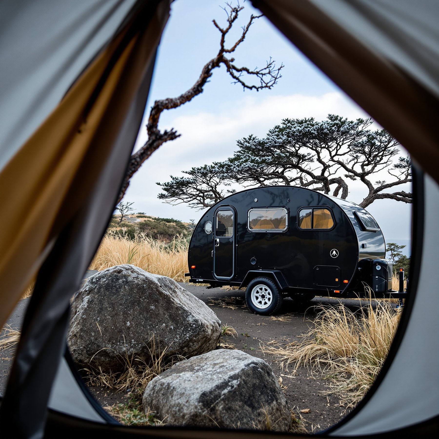 A shiny black camper sits among tall golden grass and big gray rocks. A twisty tree stands nearby under a big, open sky. It looks quiet and cozy, perfect for a peaceful adventure outside.