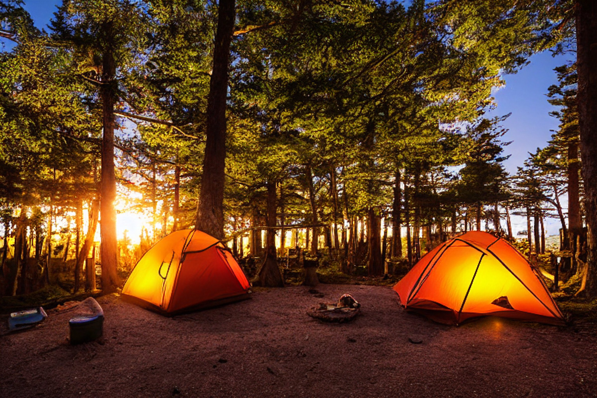 A forest-green tent rests on a dirt campsite beneath tall trees in Miyajima, Japan. Snow dusts the ground and stones, while a winding hiking path leads through the quiet woods. A box of camping gear sits nearby under the warm glow of sunset.