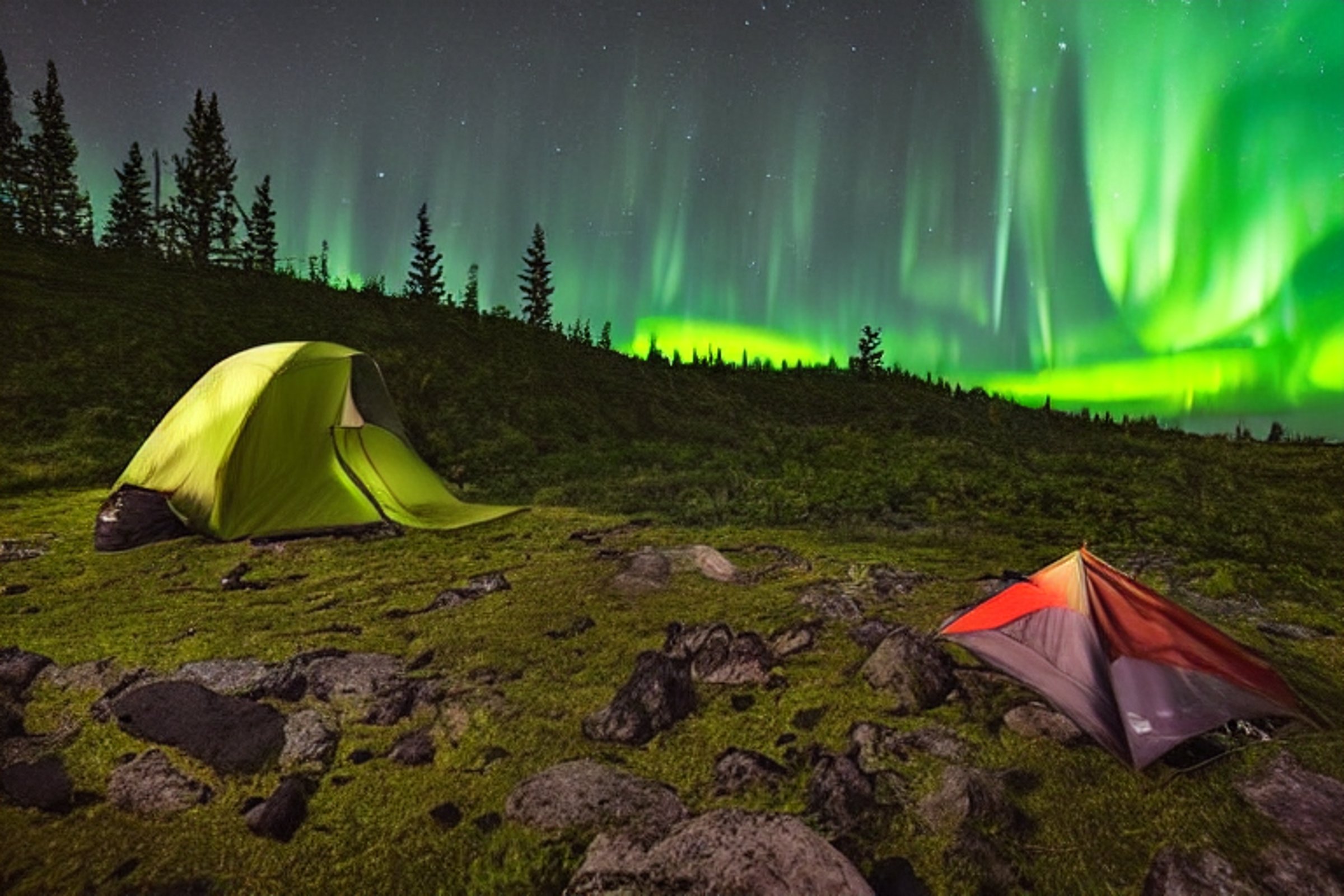 A green camo tent sits on a rocky Hawaiian shore beside a glowing campfire. Fog drifts through the air as colorful northern lights shine above the waves. Small flowers, distant surfers, and dark campfire silhouettes add to the peaceful scene.