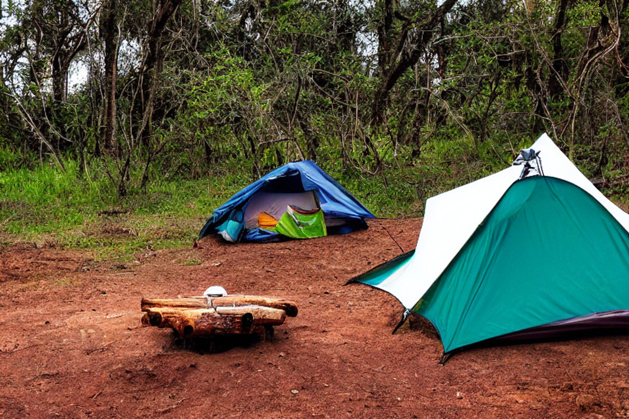 A colorful two-person tent rests in a sunny dirt clearing in Hawaii. Tall grass surrounds the campsite, with a lantern on the ground and a large log beside the fire pit. The bright sky and warm light create a peaceful outdoor escape.