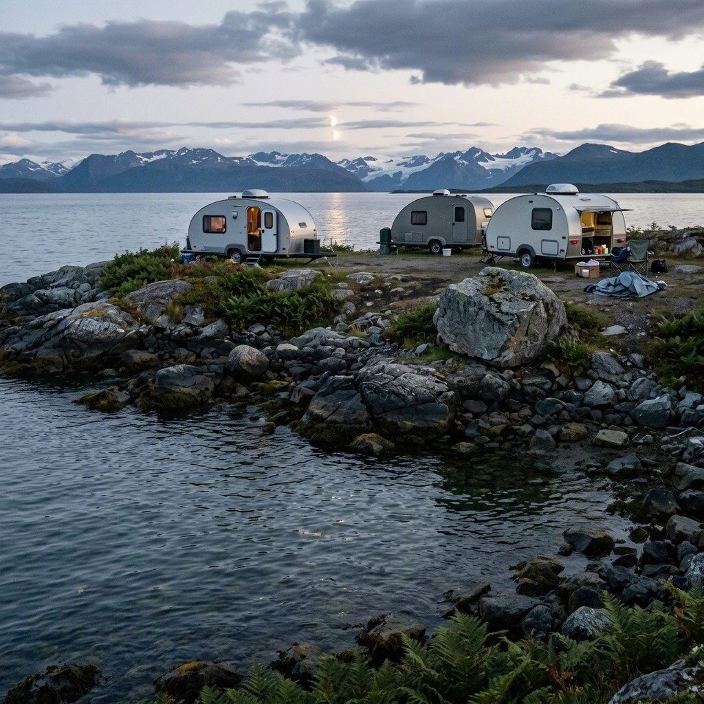 Small teardrop trailers sit on a rocky point beside the calm waters of Kachemak Bay. Ferns peek between the stones as a pale moon rises through the clouds in the dim blue light.