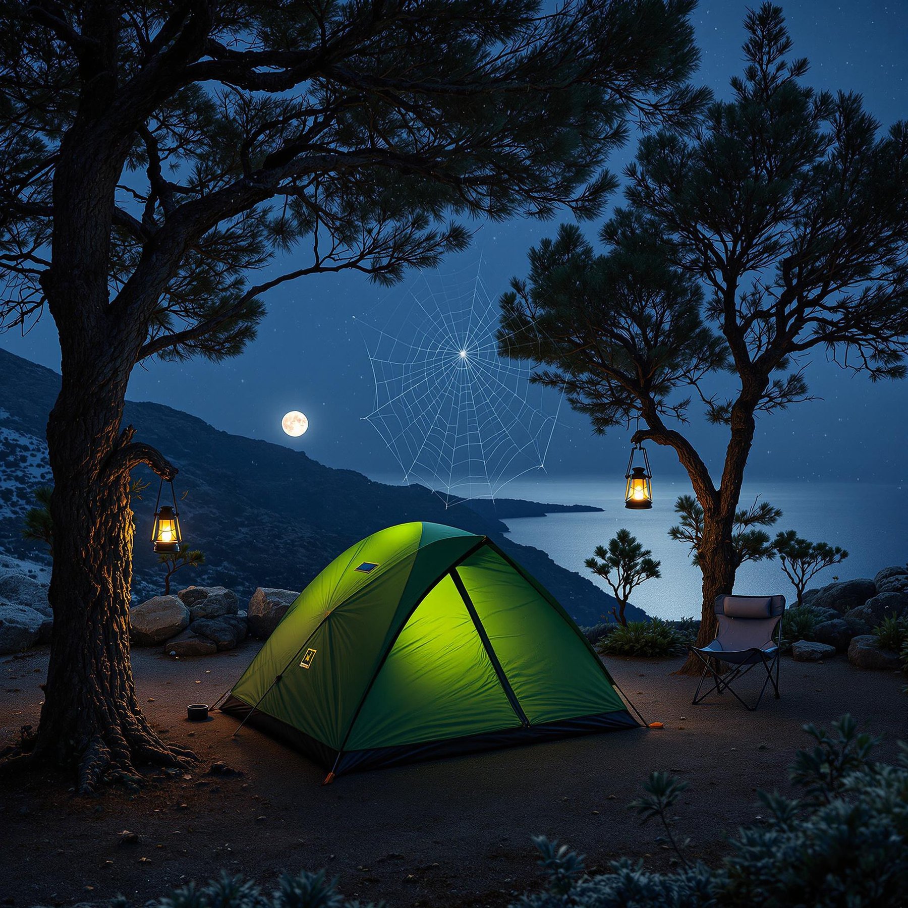 A green tent rests among small trees on a snowy night in Santorini. A full moon shines over the campsite, while a warm solar lantern glows from a tree. A web sparkles nearby, and a camping chair waits in the chilly air.
