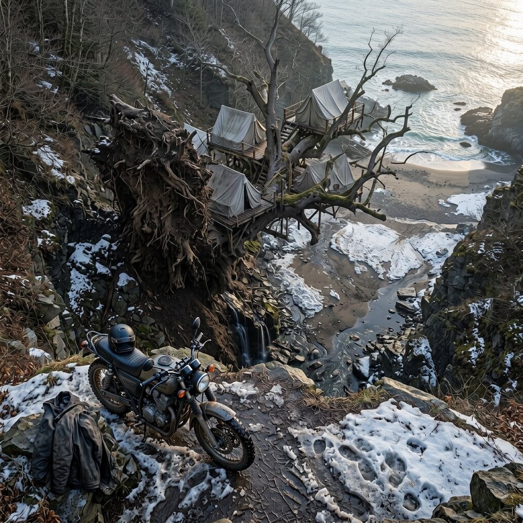 From above, canvas tents line a fallen tree above a winter beach. Snow patches the ravine, and a motorcycle sits near the edge.