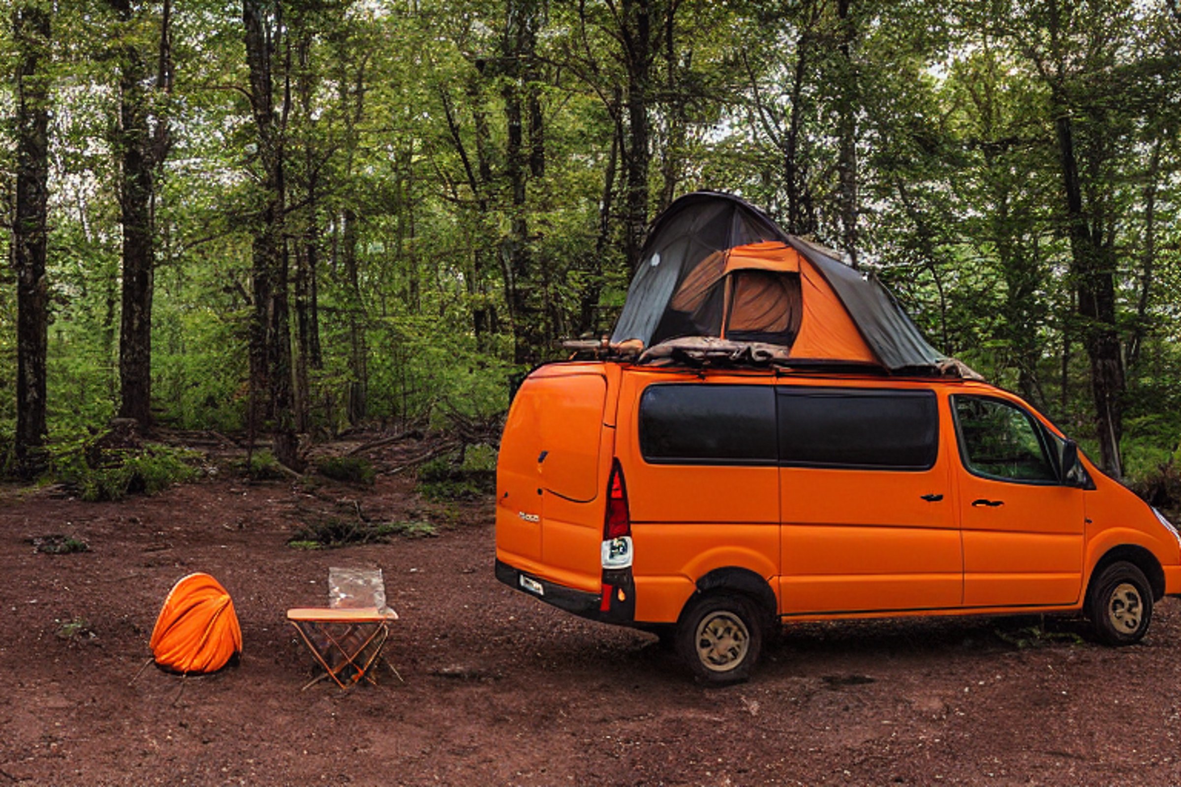 Two bright orange vans rest on a dirt campsite beneath a cloudy sunset sky. A guitar, backpack, cooler, and camping stove sit nearby, while a hiking path leads into the peaceful Upstate New York woods.