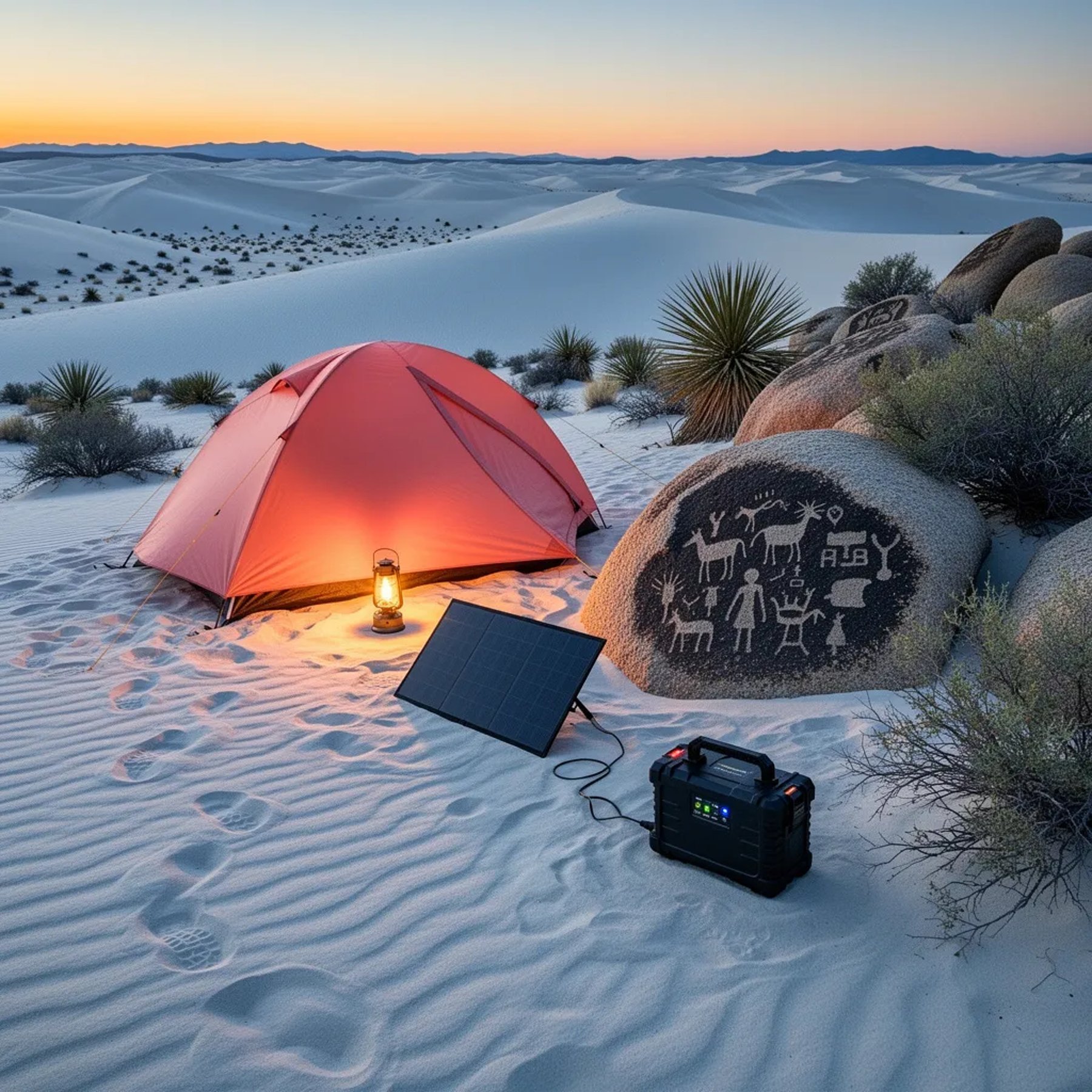 A coral-colored tent sits on rippled white sand as the sun sets in soft gold light. A warm lantern glows by a small solar panel and battery pack. Around the campsite, yucca and scrub cling to the dunes, and nearby dark rocks show old petroglyph carvings. The air feels quiet and wide, like the desert is holding its breath.