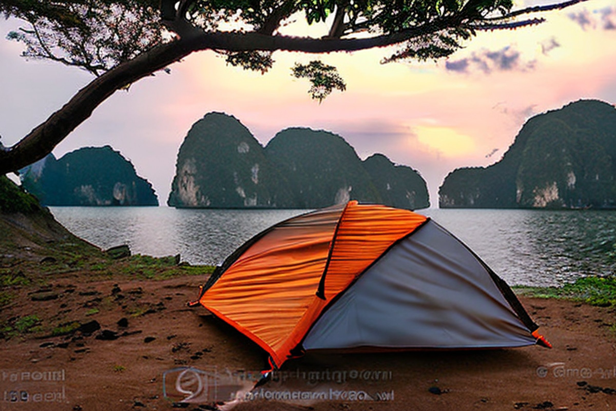 An orange tent rests on a rocky dirt clearing in Halong Bay as the sun sets behind cloudy skies. A hammock hangs between the trees, making this peaceful campsite a cozy place to relax.