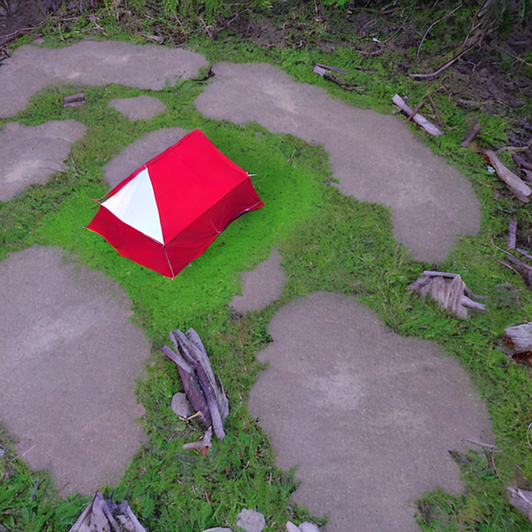 A red and white tent rests on a snowy dirt campsite beneath moss-covered trees. A warm campfire glows beside the logs, while the moon shines softly in the night sky.