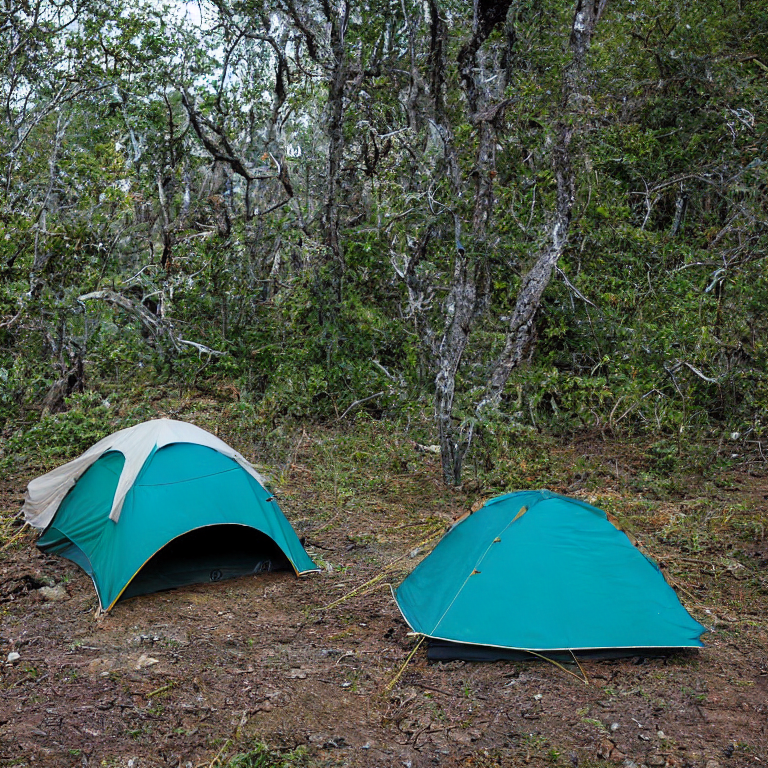A bright teal tent rests on a rough dirt patch in Biscayne National Park. A warm campfire glows nearby as a winding path leads through scattered stones and rugged ground. Snowy weather and golden light create a peaceful, magical mood.
