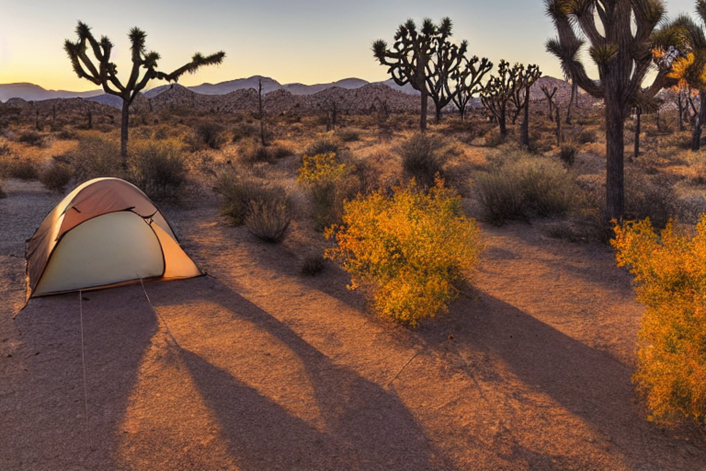 A cozy brown tent rests on a paved campsite in Joshua Tree as the sun sets. Fall-colored trees and large bushes surround the dusty clearing, with a lantern and wooden log beside the campfire.