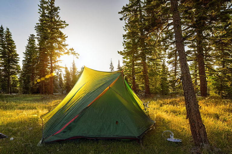 A green camo tent rests beside a warm campfire in the sandy dunes at sunset. Colorful flowers dot the rough ground, while a hammock hangs between nearby trees. A small lantern glows by the campsite under the wide, sunny sky.