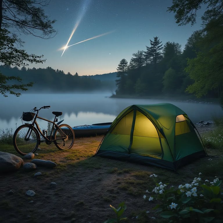 A green camo tent rests beside a misty lakeshore in upstate New York. A bicycle leans nearby, while a kayak waits on the shore among wildflowers and animal tracks. Soft golden light makes the peaceful campsite feel ready for adventure.