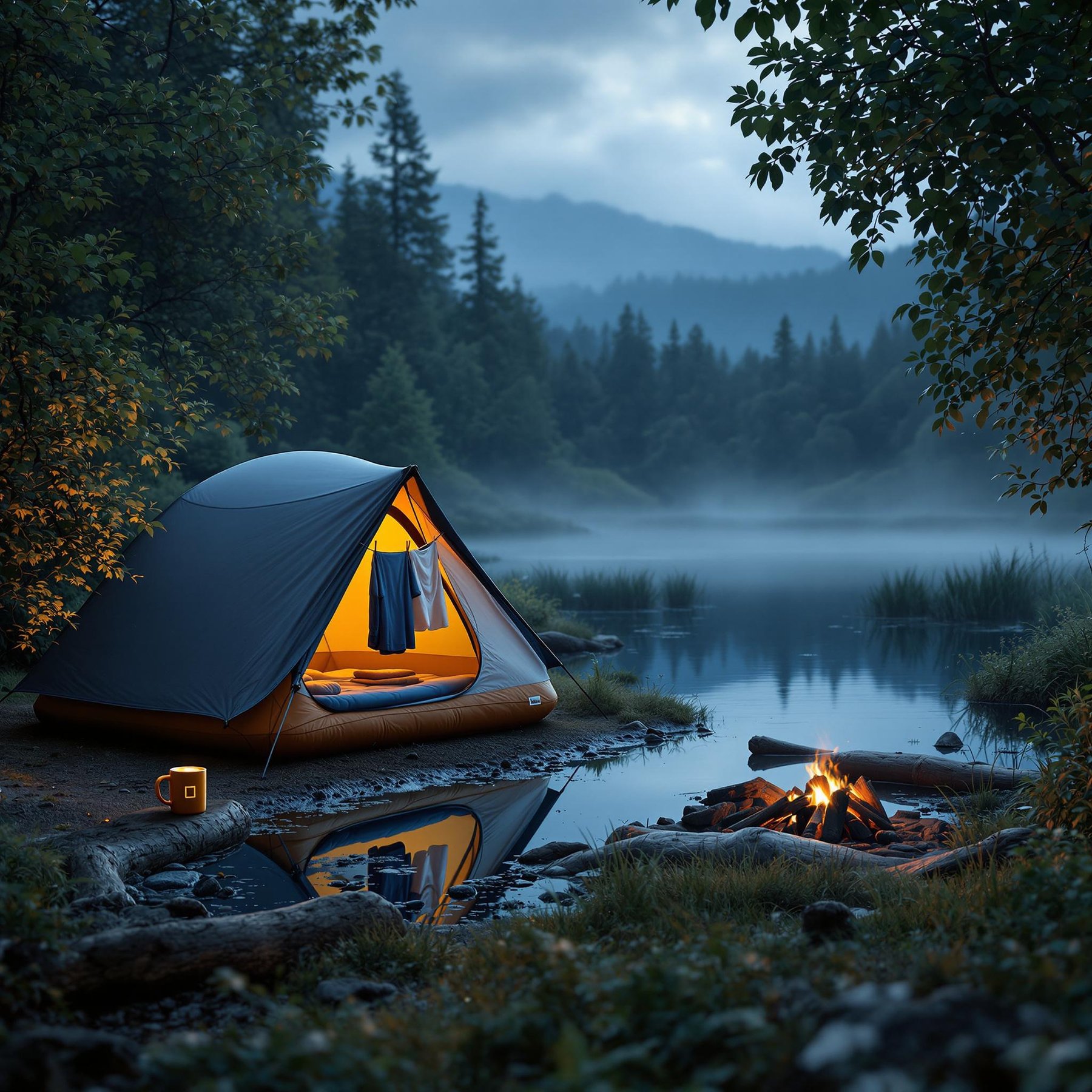 A cozy tent glows warmly by a calm lake, surrounded by lush green trees. The crackling campfire adds a touch of magic in the evening mist. It's the perfect place for a peaceful, outdoor adventure.
