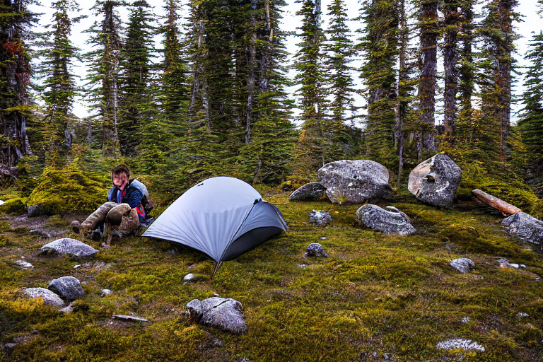 Two tan tents sit on a paved campsite in the snowy Alaska wilderness. A warm campfire glows among the stones as hikers enjoy the quiet sunrise, while deer wander near the mossy trees.