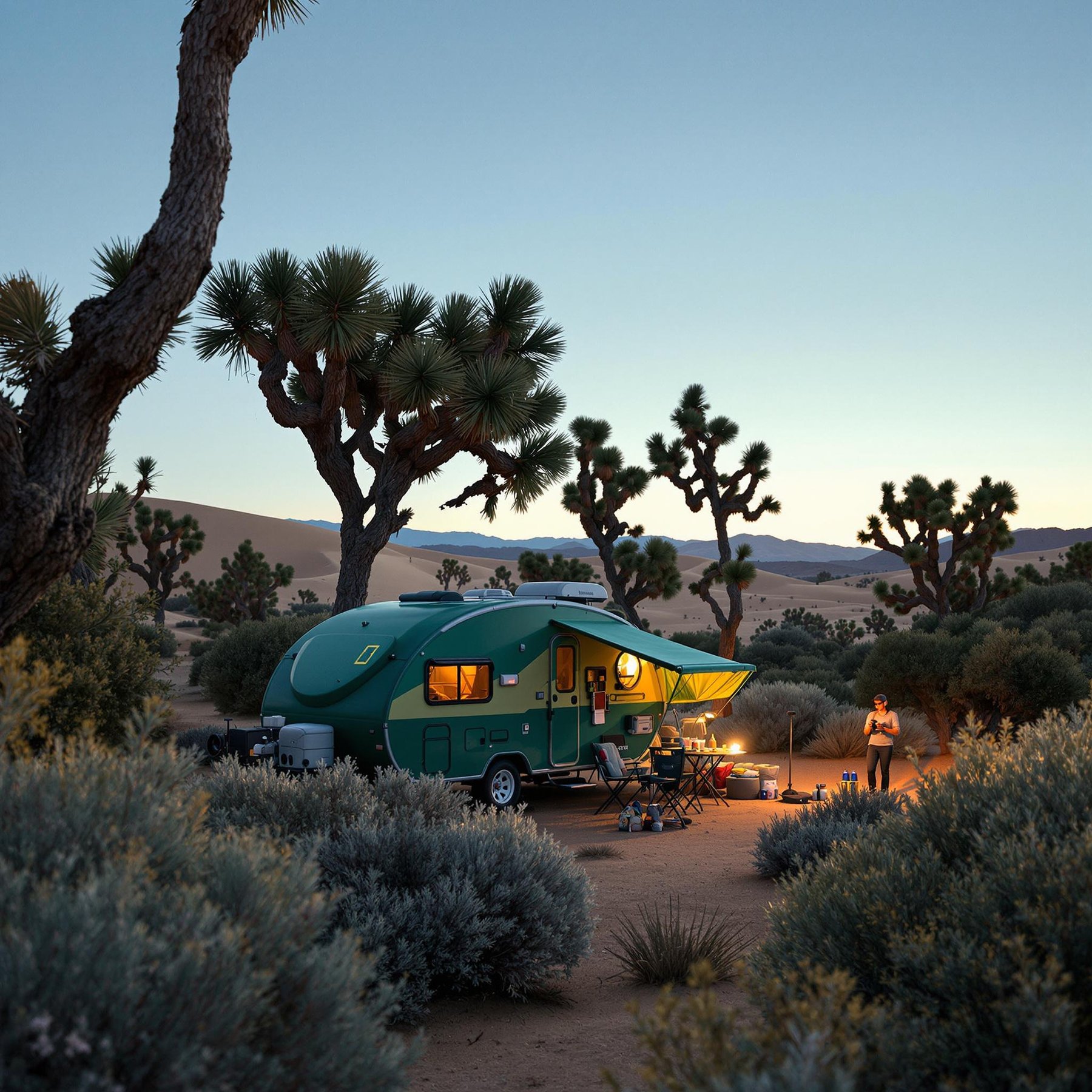 Nestled among quirky Joshua trees, this cozy camper glows warmly under the starry desert sky. The soft sand dunes roll gently in the distance, inviting playful footsteps and dreamy adventures. With a campfire flickering, the air is filled with the excitement of an unforgettable outdoor escape.