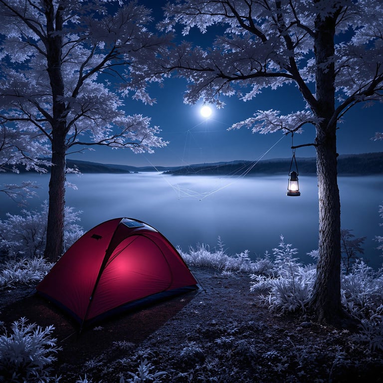 A burgundy tent rests beneath the full moon in Acadia National Park. Fog drifts through the valley as a gentle breeze stirs the trees. A glowing solar lantern, spider web, and hanging bear-proof food container add cozy details to the quiet campsite.