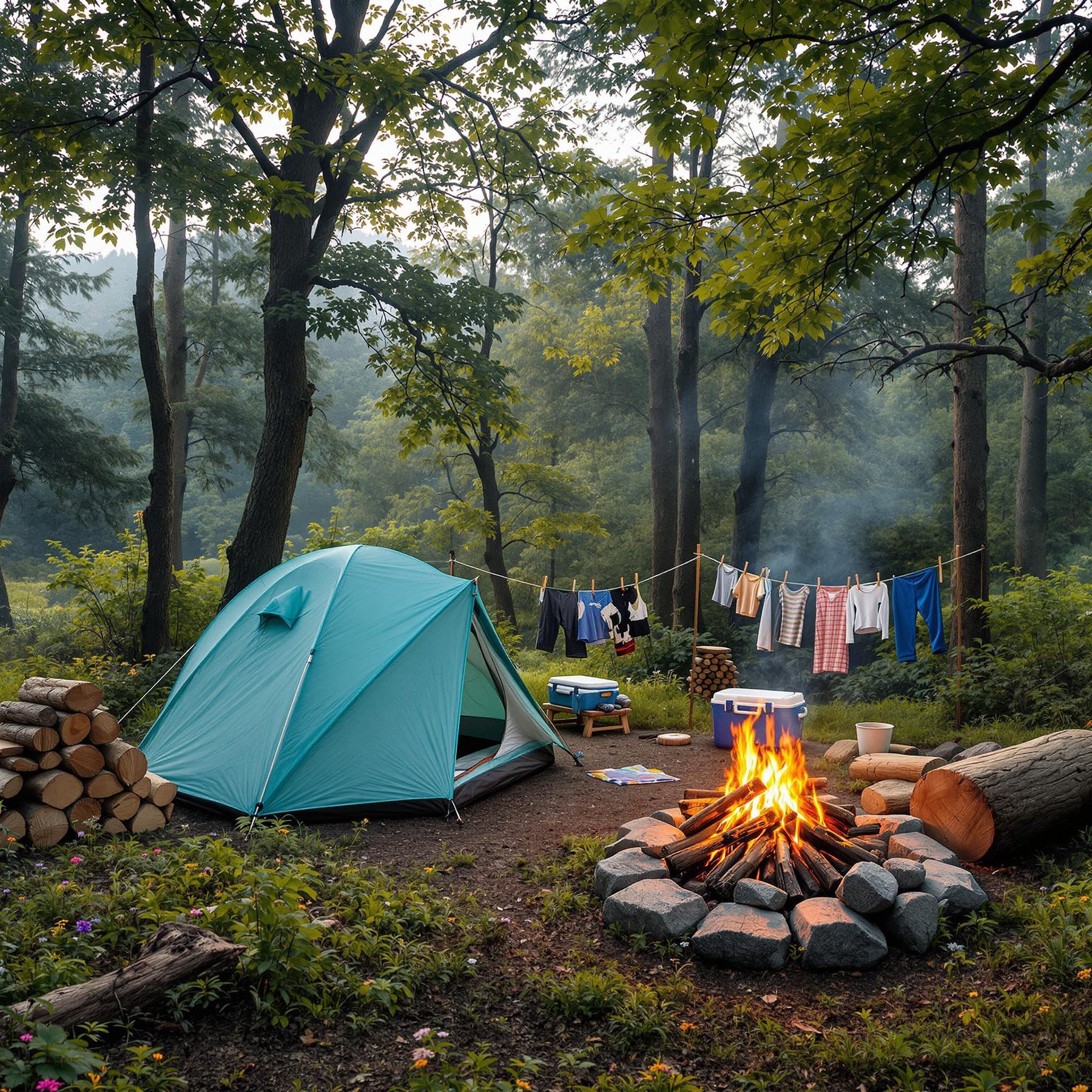 A cozy campsite with a bright blue tent sits nestled among tall, green trees. A crackling campfire warms the air while clothes hang drying in the gentle breeze. The forest feels alive with the sounds of nature all around.