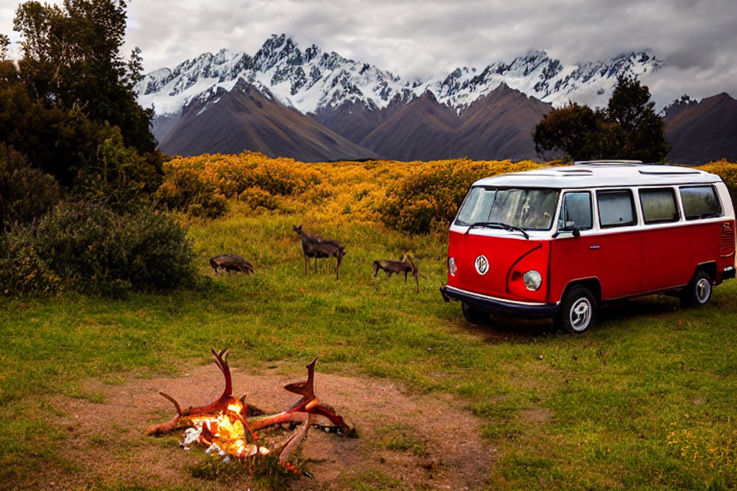 A tan campervan rests beside a warm campfire in Mount Cook National Park. Autumn trees and tall grass surround the dirt campsite, while a deer stands far away beneath the cloudy sunset sky.