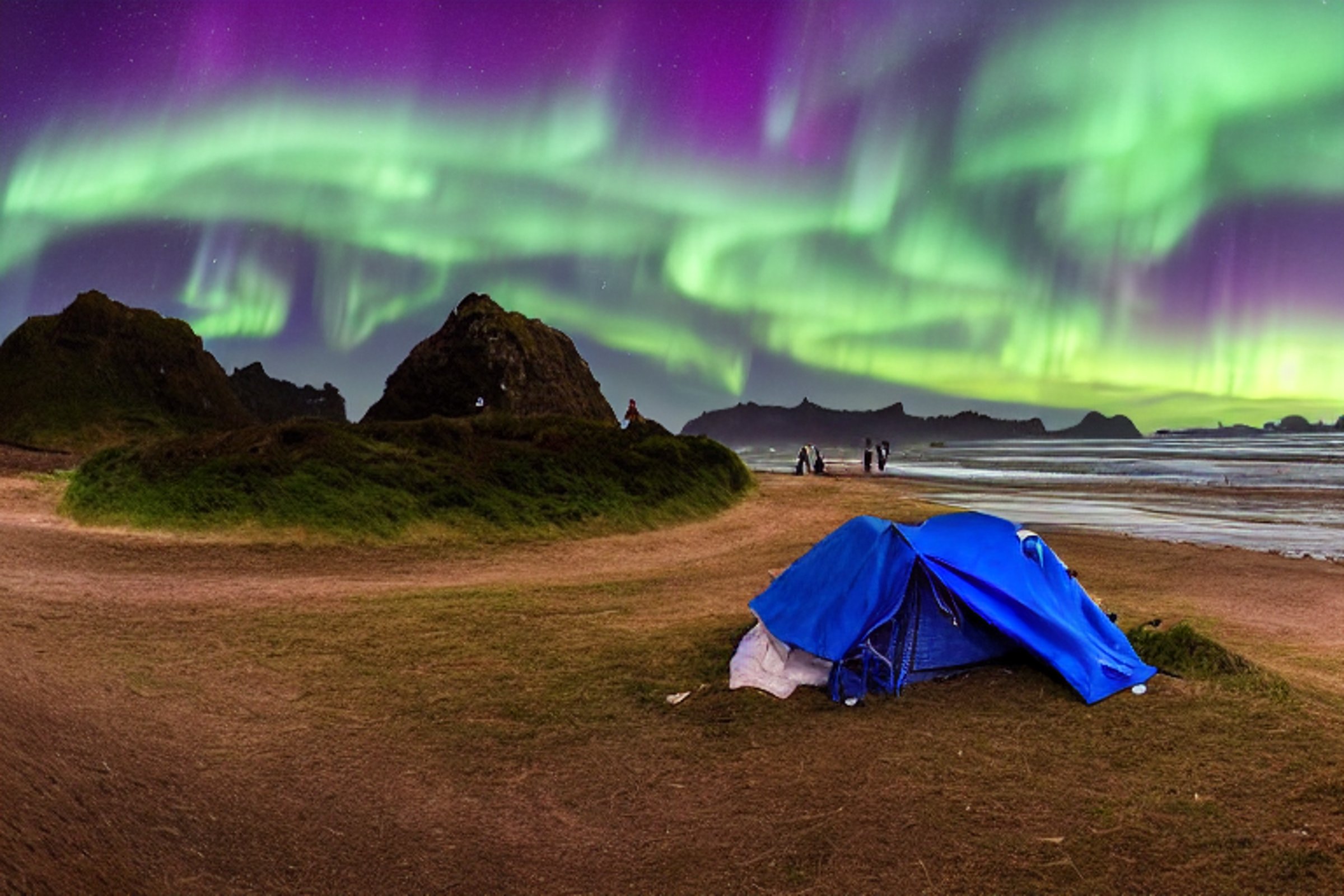 A blue tent rests on a quiet dirt campsite beside Cannon Beach. Snow falls as green auroras glow above the ocean, hills, and a giant rock. A wooden guitar lies nearby while surfers move in the distance.