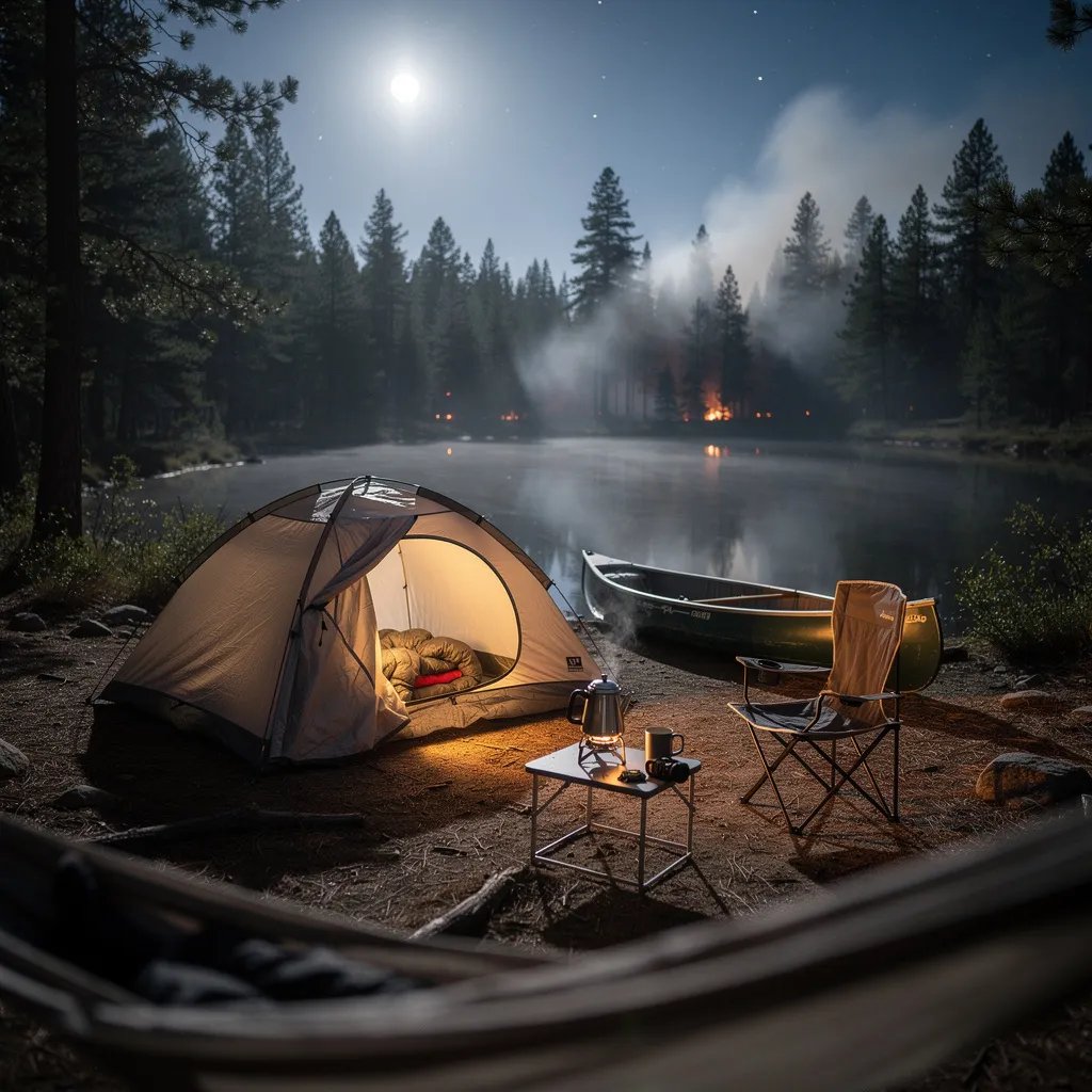 A quiet forest campsite sits by a still lake under a bright full moon. A slate-gray tent glows warm from inside, with a canoe resting on the shore nearby. Soft smoke drifts through the trees, making the moonlight look hazy and dreamy. A small chair and a tiny stove with a coffee pot make the camp feel cozy and calm.