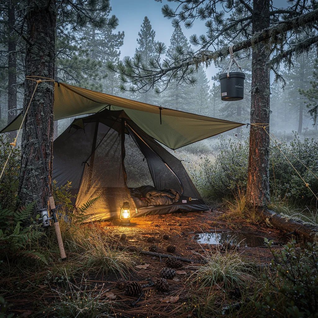 A quiet Montana campsite sits in a damp pine clearing, with cool blue twilight and a soft mist in the air. An olive-green tarp shelter glows warmly from a flashlight inside, making the woods feel cozy and safe. A fishing rod leans on a tree, and a bear-safe food canister hangs high above the wet grass.