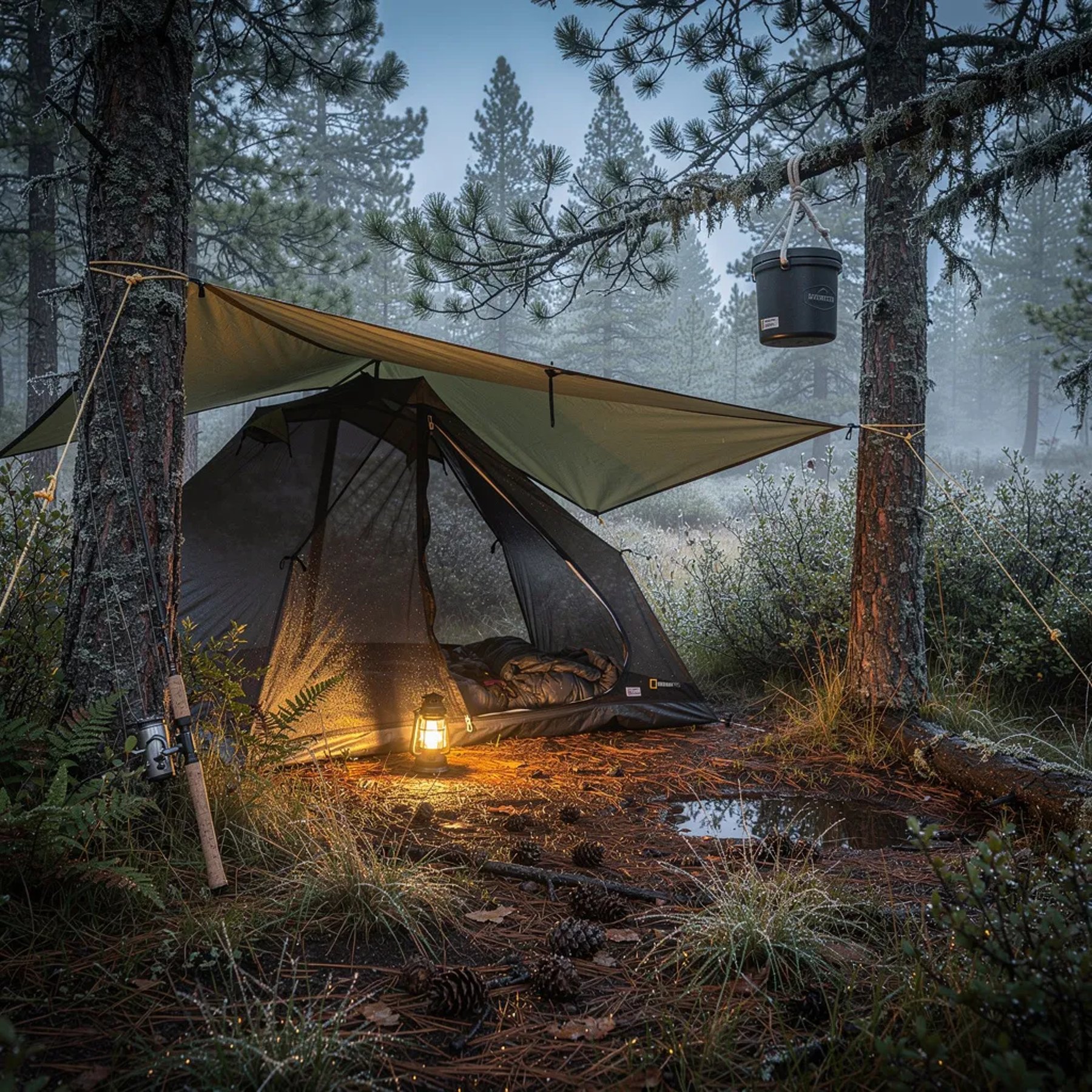 A quiet Montana campsite sits in a damp pine clearing, with cool blue twilight and a soft mist in the air. An olive-green tarp shelter glows warmly from a flashlight inside, making the woods feel cozy and safe. A fishing rod leans on a tree, and a bear-safe food canister hangs high above the wet grass.
